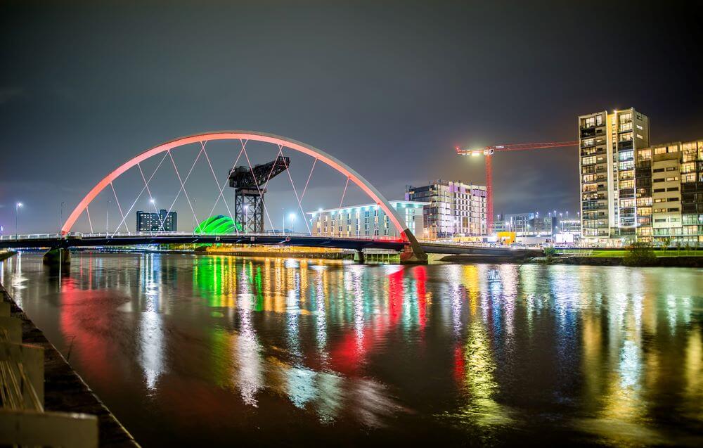 Clyde Arc and Glasgow Skyline at Night