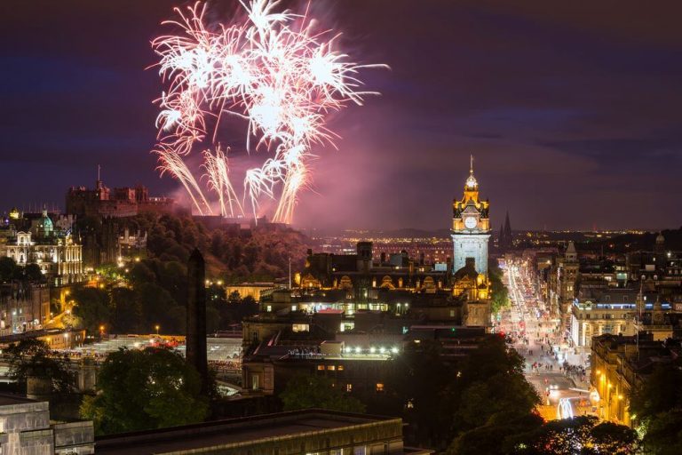 Edinburgh Cityscape with fireworks over The Castle