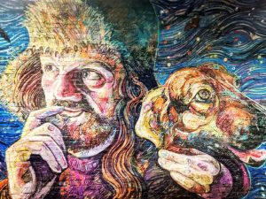 Colinton TUNNEL painting older men with a dog